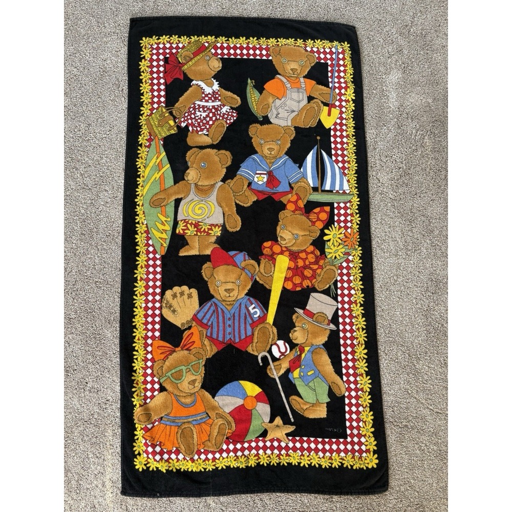 Vintage 90s Retro Wave Zone Teddy Bear Beach Pool Towel Cotton Summer Kidcore